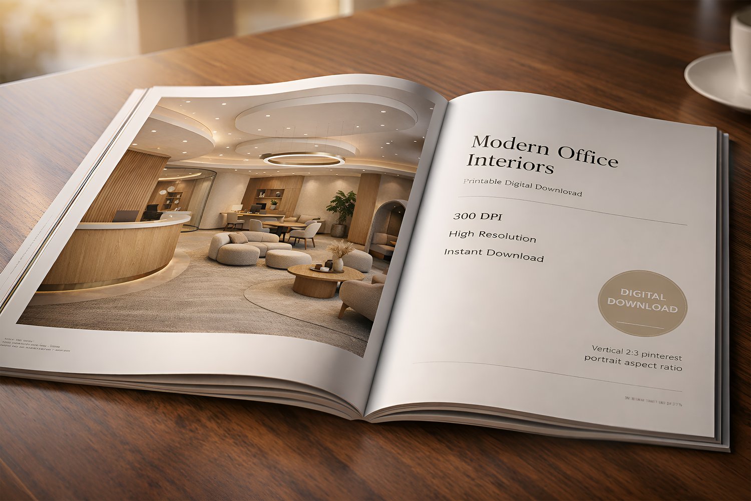 Modern minimalist office interior with wooden desks, neutral colors and contemporary lighting.