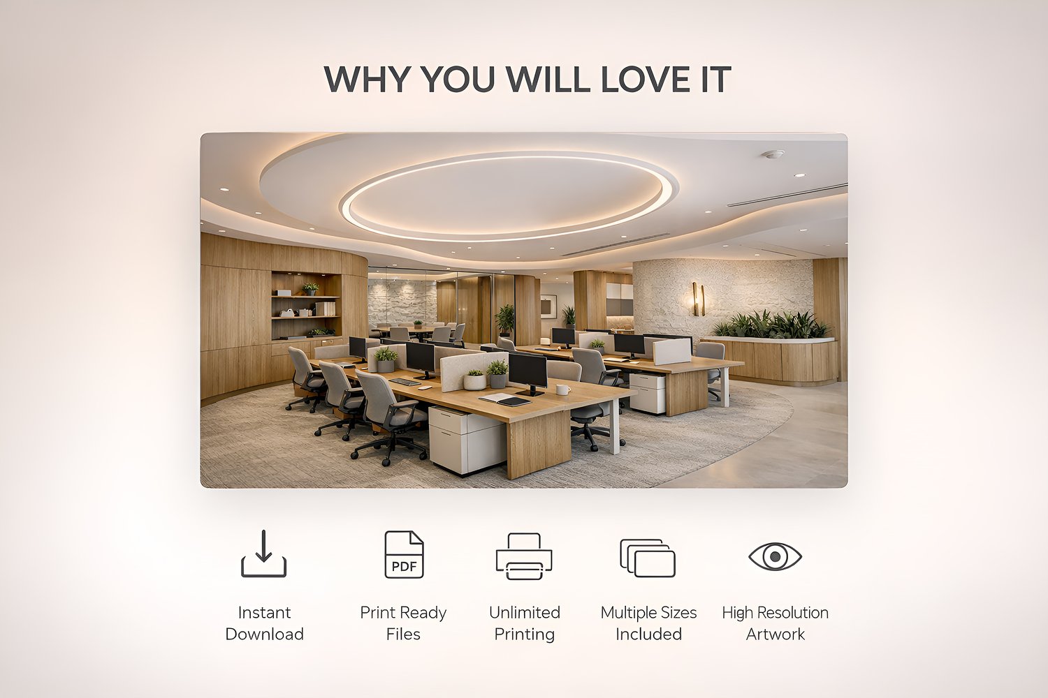 Modern minimalist office interior with wooden desks, neutral colors and contemporary lighting.