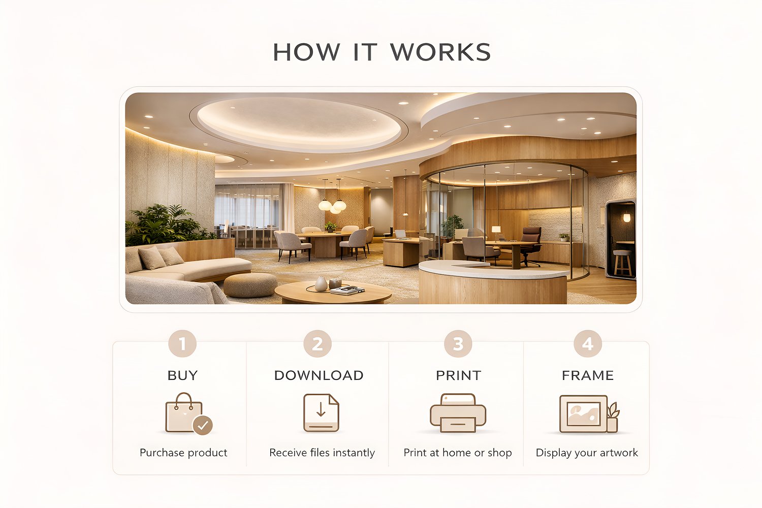 Modern minimalist office interior with wooden desks, neutral colors and contemporary lighting.