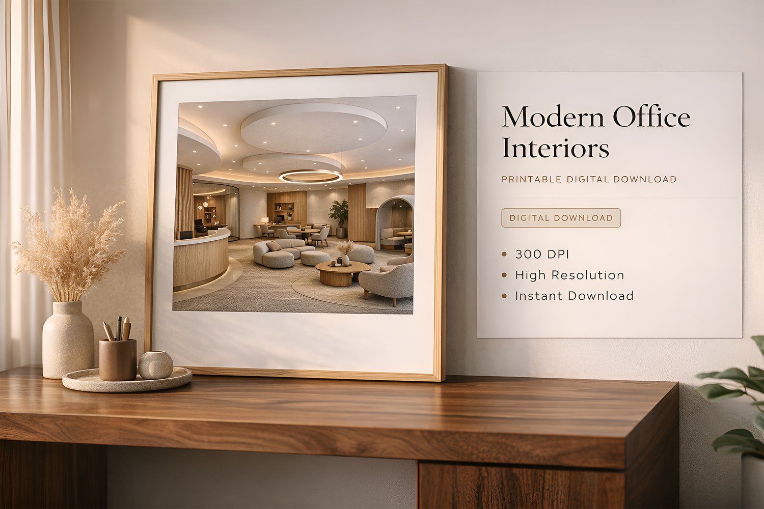 Modern minimalist office interior with wooden desks, neutral colors and contemporary lighting.