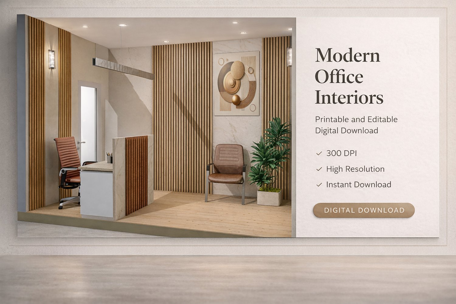 Modern office reception design with wood panel feature wall, minimalist desk and waiting chair.