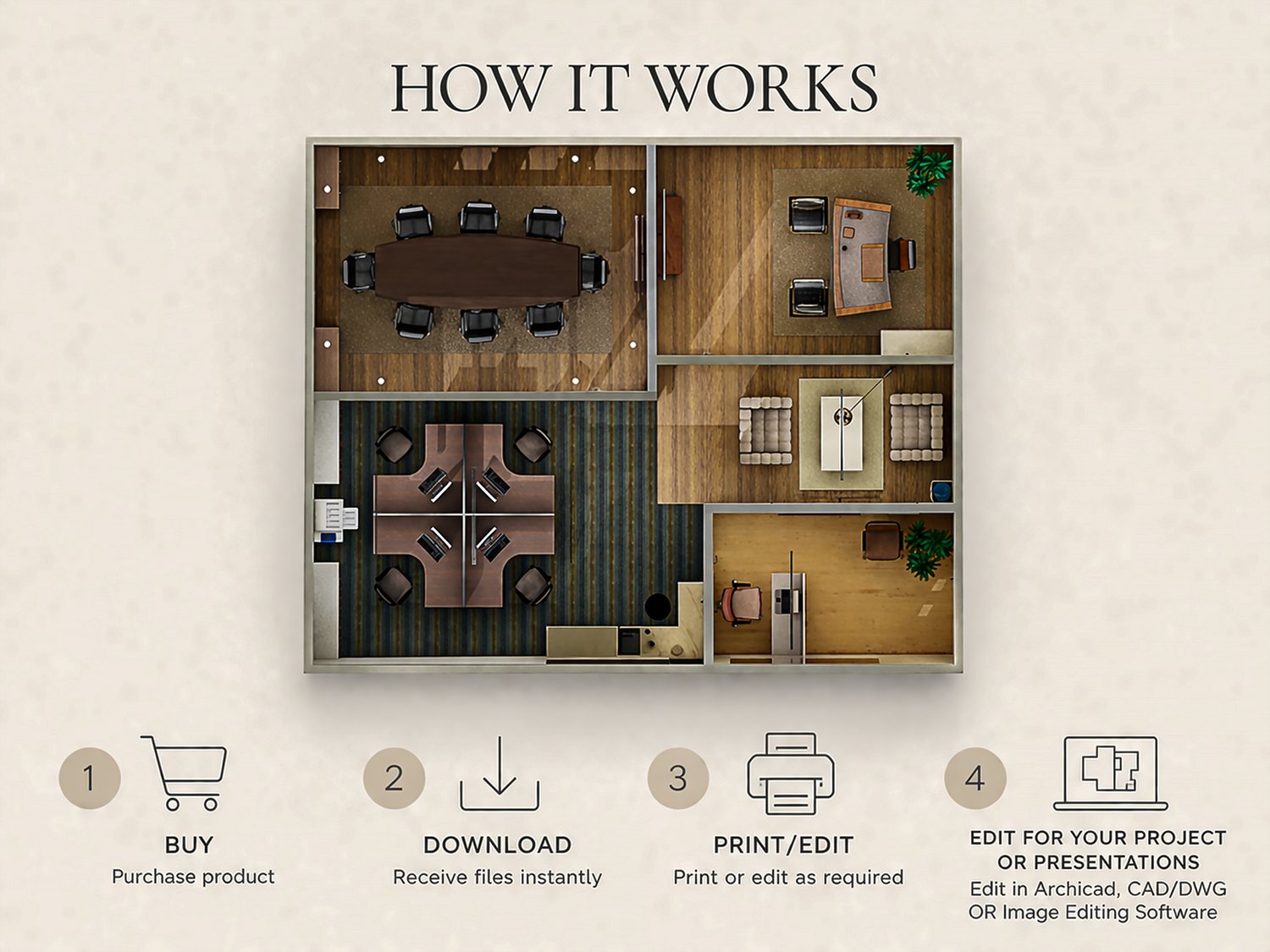 Executive office interior with wooden desk, modern chairs and professional workspace layout.