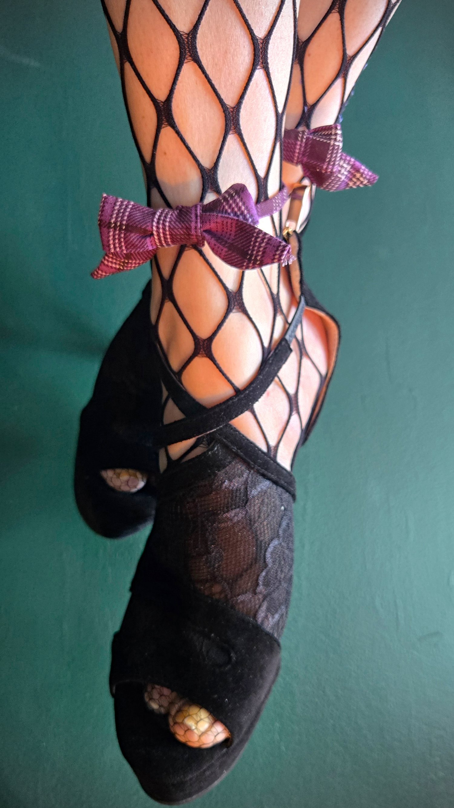 fishnet stockings, plaid anklet, stilettos