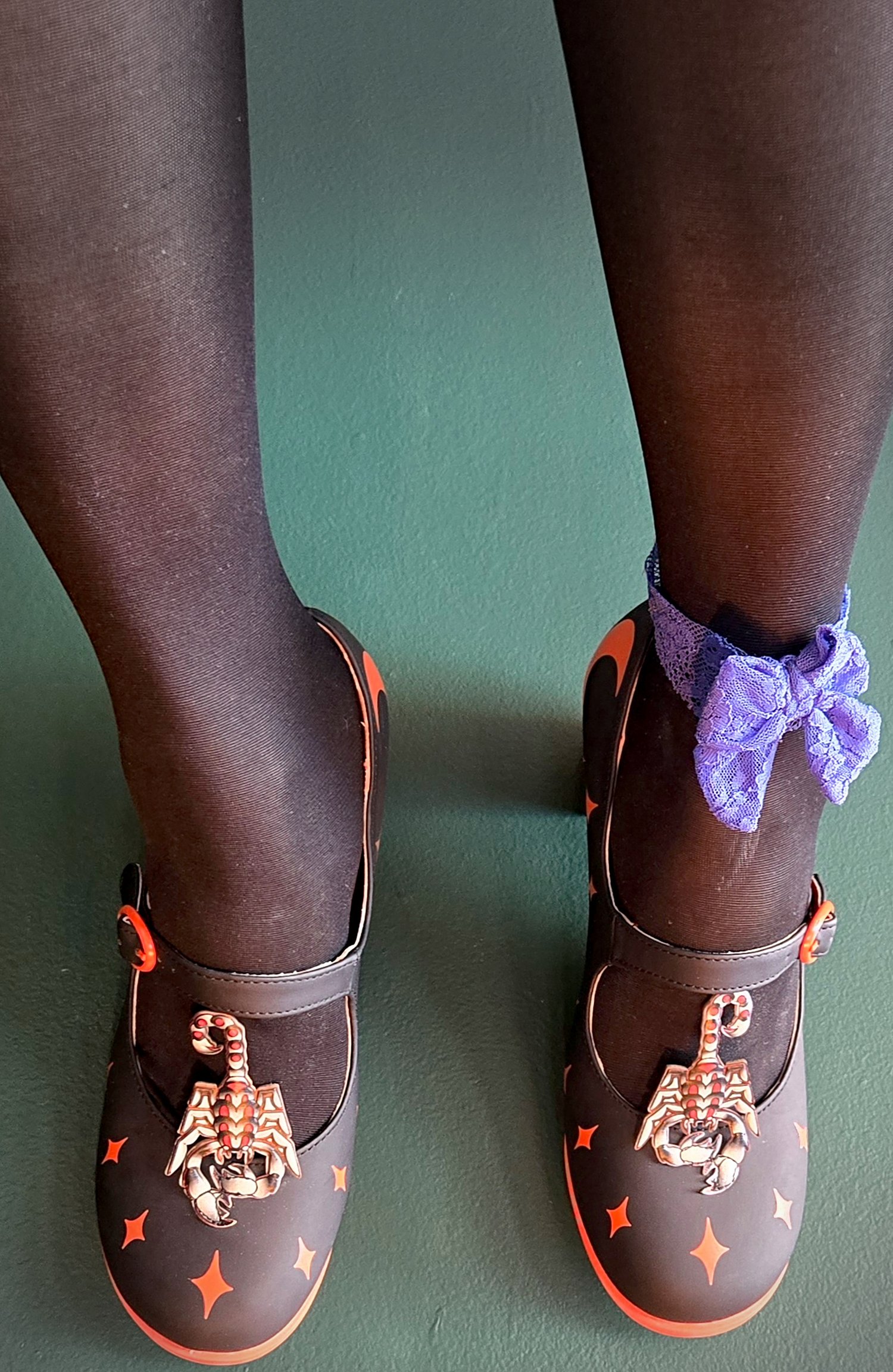 black nylon stockings, blue sailor bow anklet, hot chocolate mary jane shoes