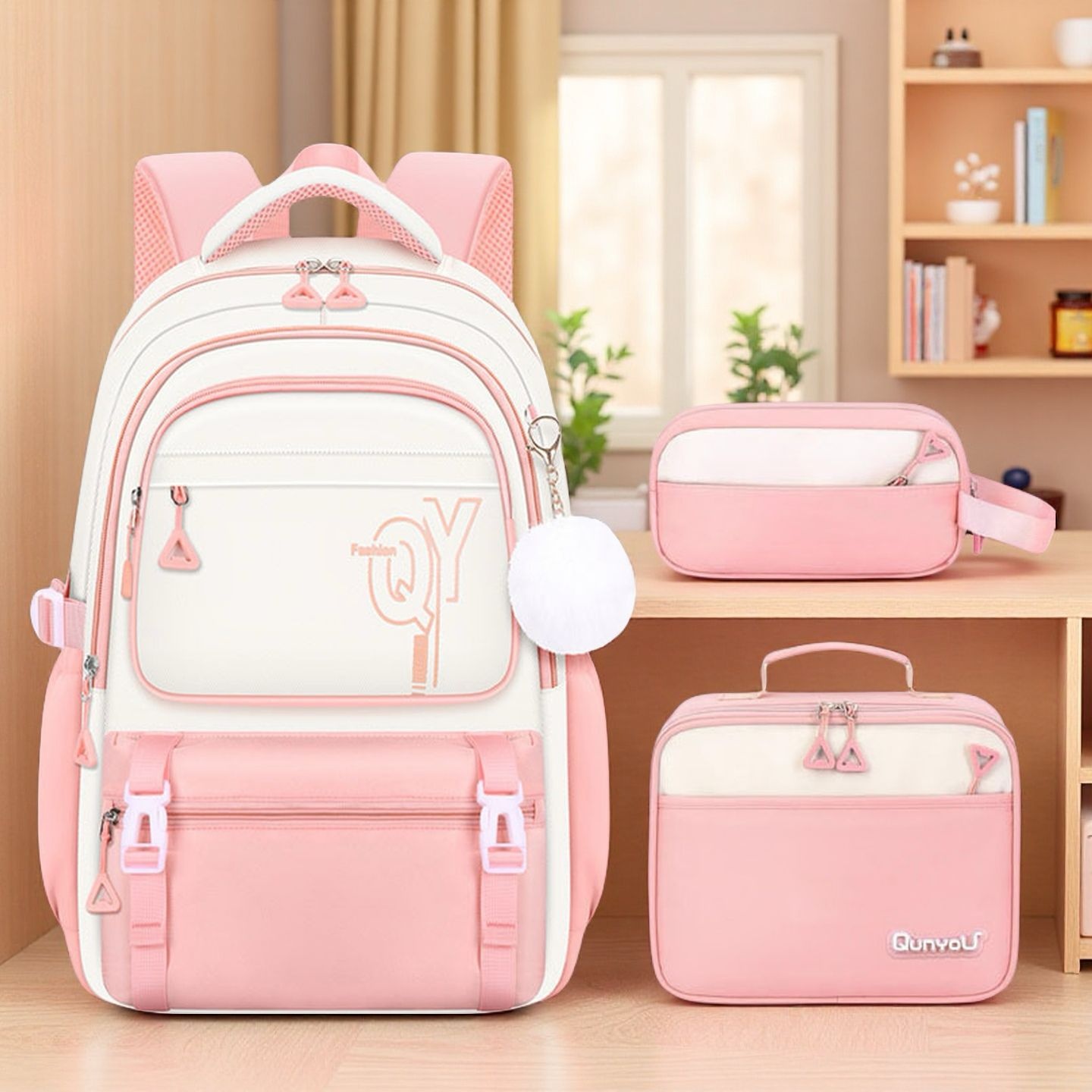 Large capacity school backpack with front pocket and side storage
