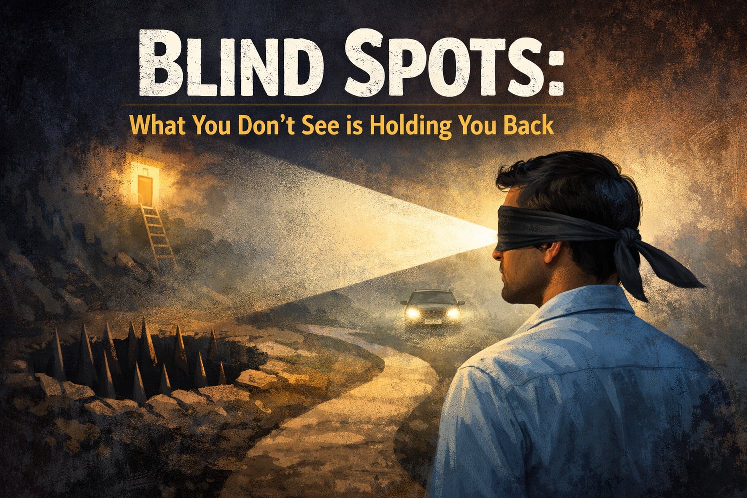 Blindfolded man walking toward light with hidden dangers symbolizing unseen obstacles in life