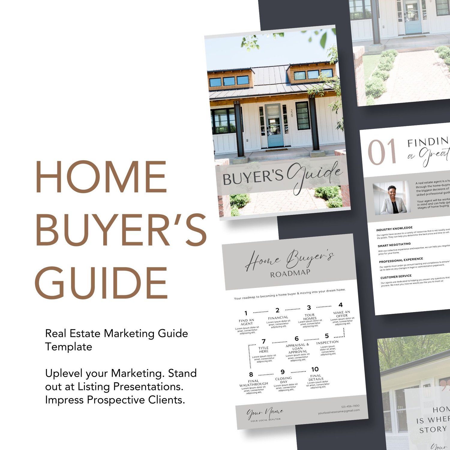 Home buyer guide template for realtors showing cover page, roadmap, and step-by-step home buying process pages