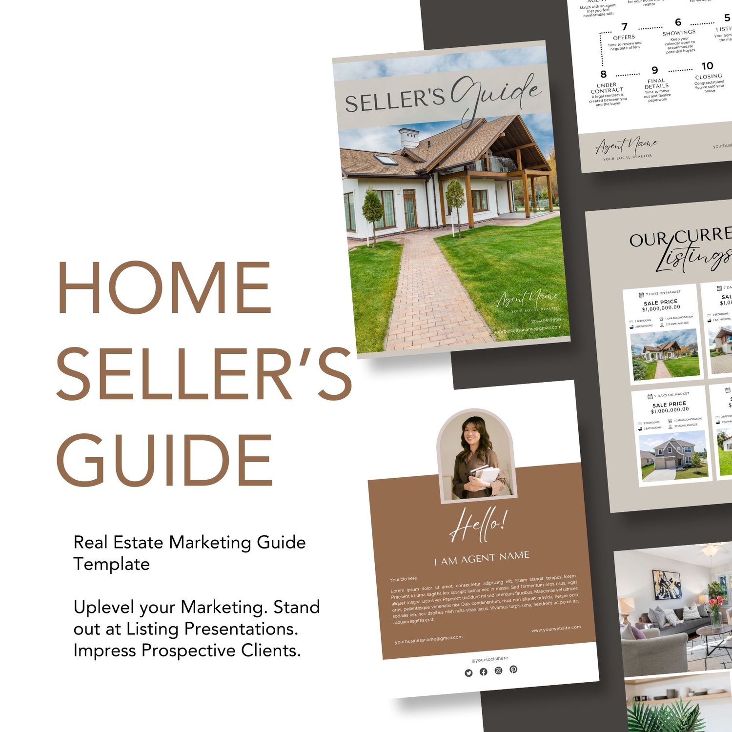 Home seller guide template for realtors showing cover page, about the agent section, and current listings pages