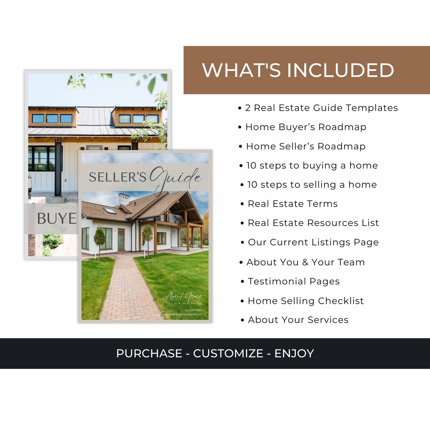 What's included in the real estate guide bundle showing buyer and seller guide covers with full list of pages including roadmaps, checklists, and testimonial pages