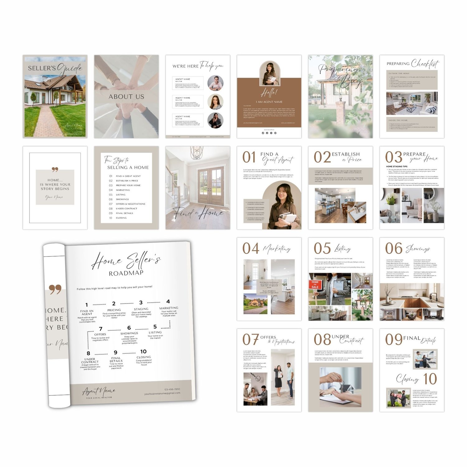 Complete real estate marketing guide template bundle showing home buyer and seller guides side by side with real estate terms page