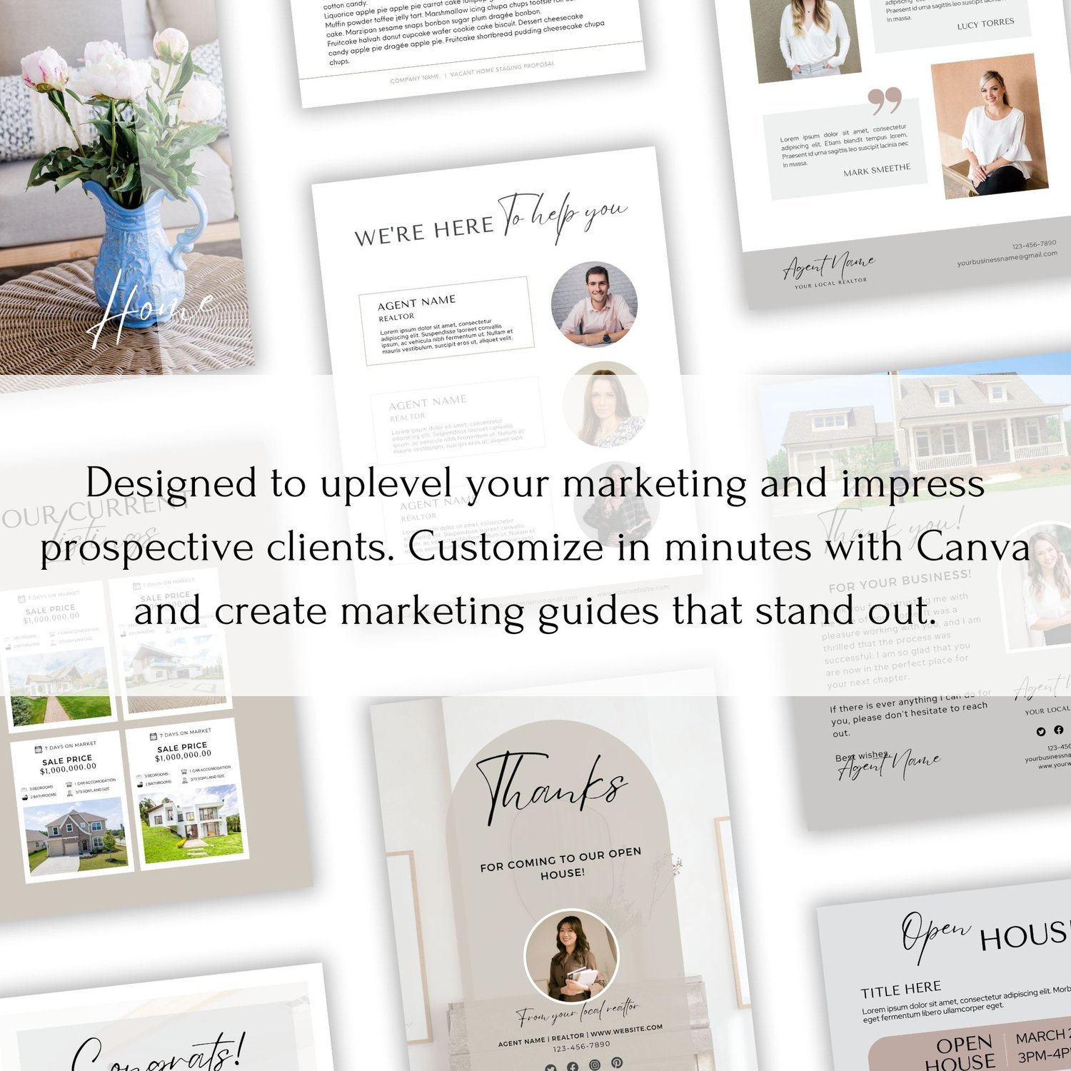 Real estate branding and marketing Canva templates showing open house, agent bio, testimonial, and current listings pages for realtors