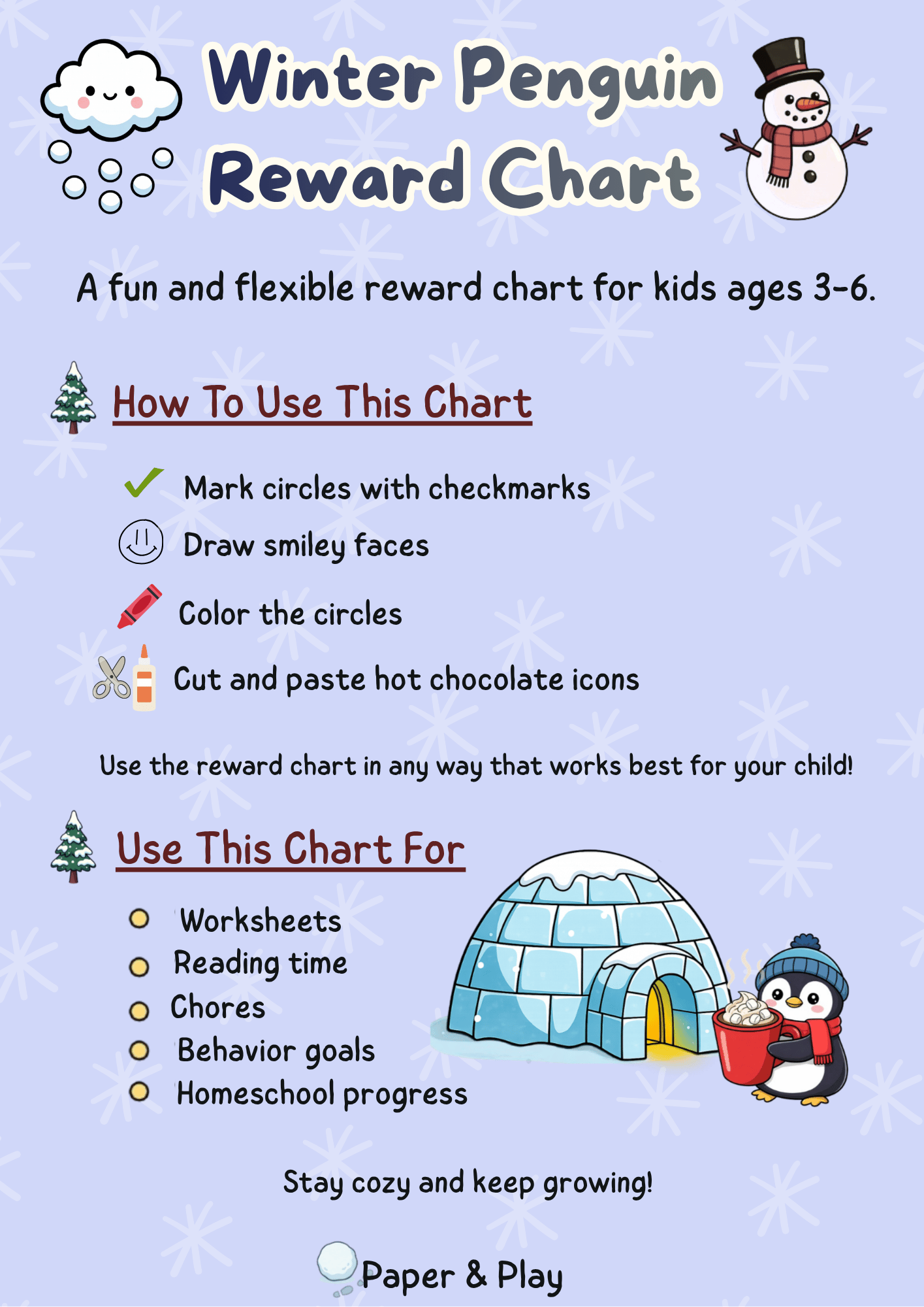 A printable path-style progress chart for kids with "Start!" and "You did it!" markers, featuring a snowy winter penguin theme and circular spaces for tracking progress.