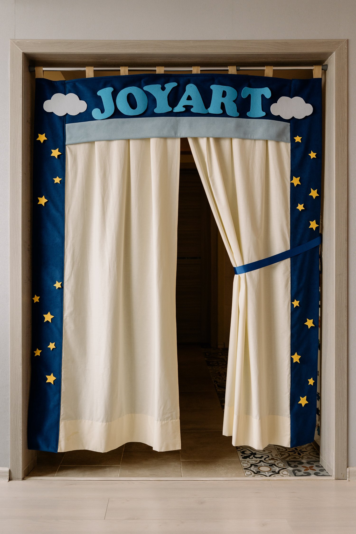 Durable upholstery fabric handmade JoyArt doorway theatre — washable cotton curtains PDF sewing pattern by MUNA Patterns