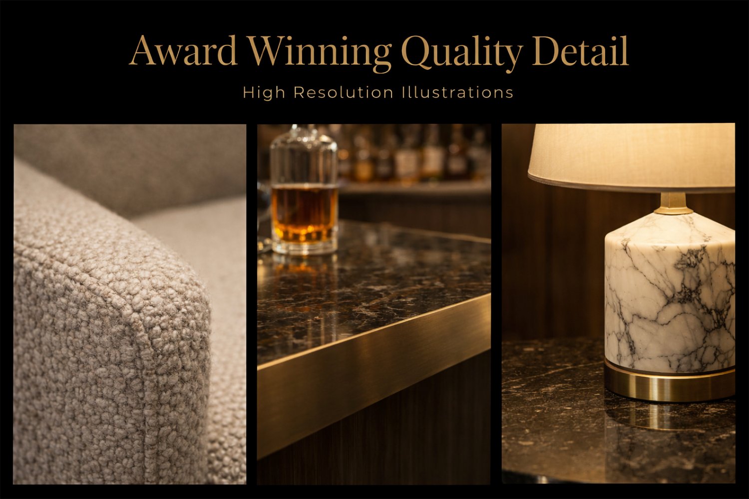 Collection of ultra-luxury executive lounge interiors featuring marble walls, walnut paneling, premium leather seating and warm architectural lighting