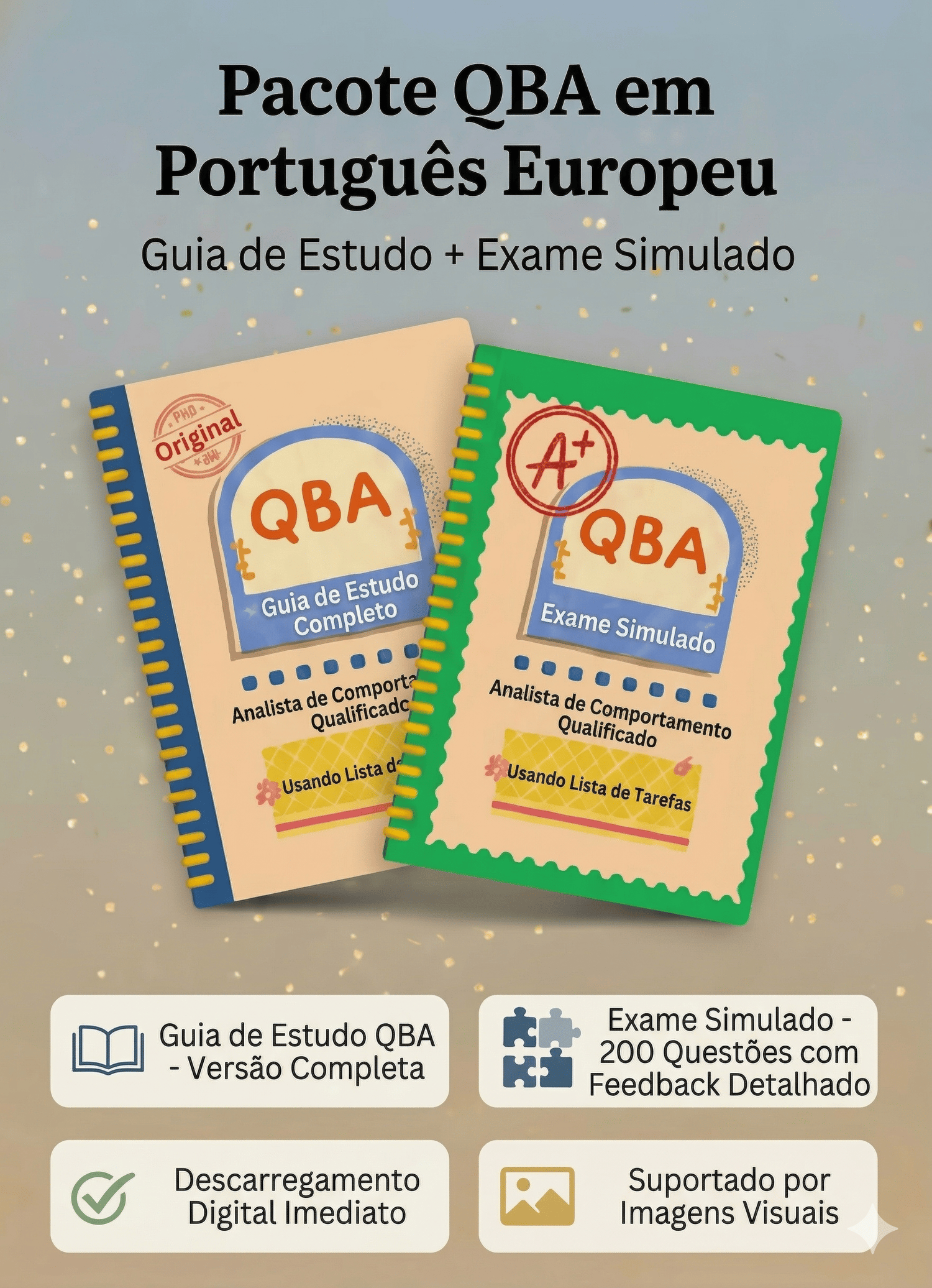 Kit preparatório QBA em português com guia de estudo visual e simulado interativo de 200 questões