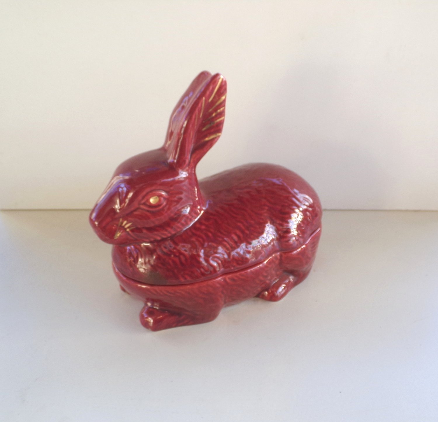 Red Rabbit Faience Terrine signed Caugant