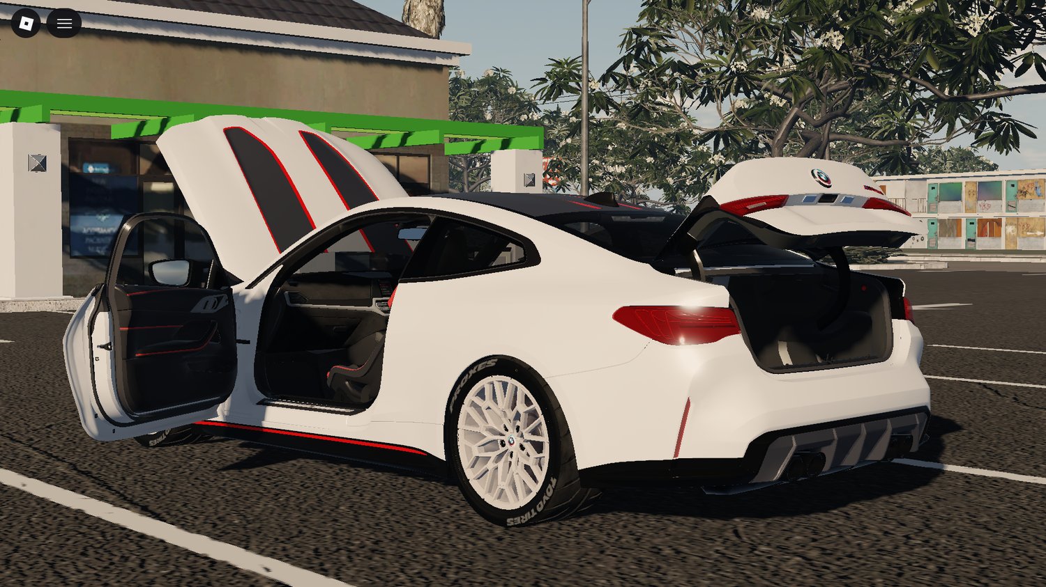 Detailed coupe vehicle showcased in urban city environment