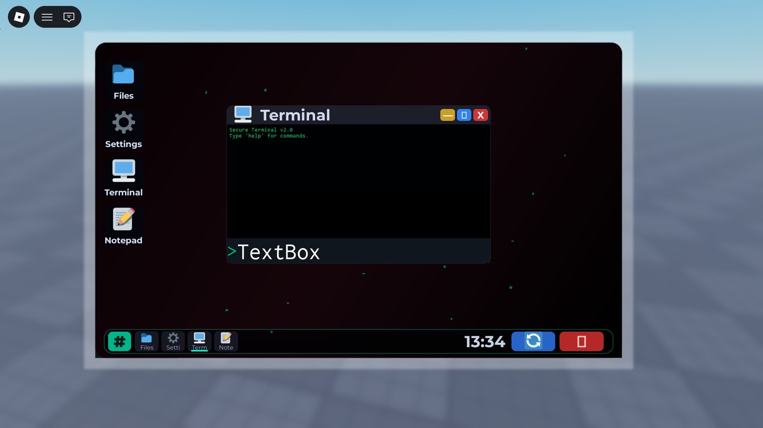 Notepad application open inside Roblox desktop style GUI