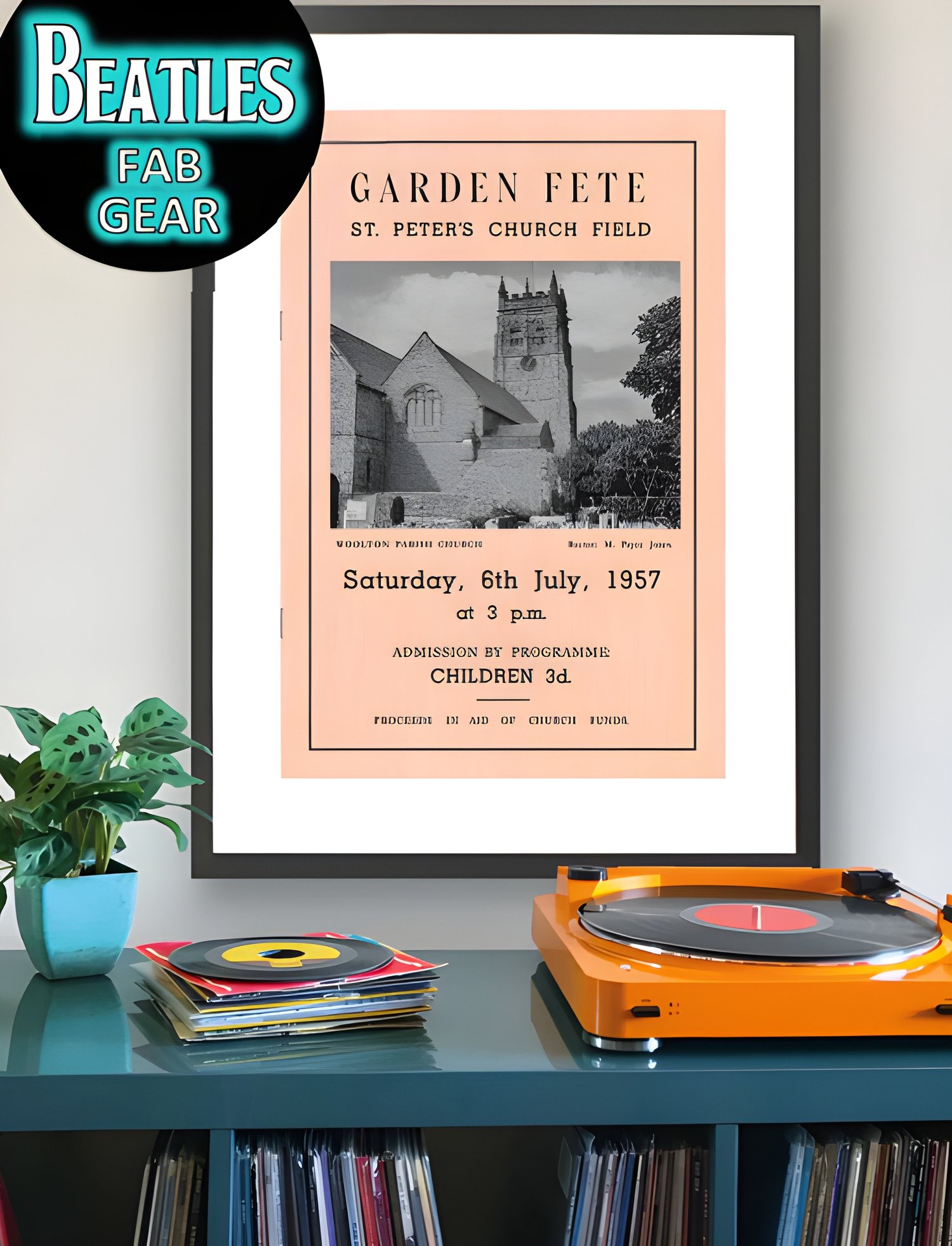 This download illustrates the front cover of the programme from the garden fete at Woolton parish church where John Lennon met Paul McCartney on Saturday 6th July 1957 with its correct pink colour.