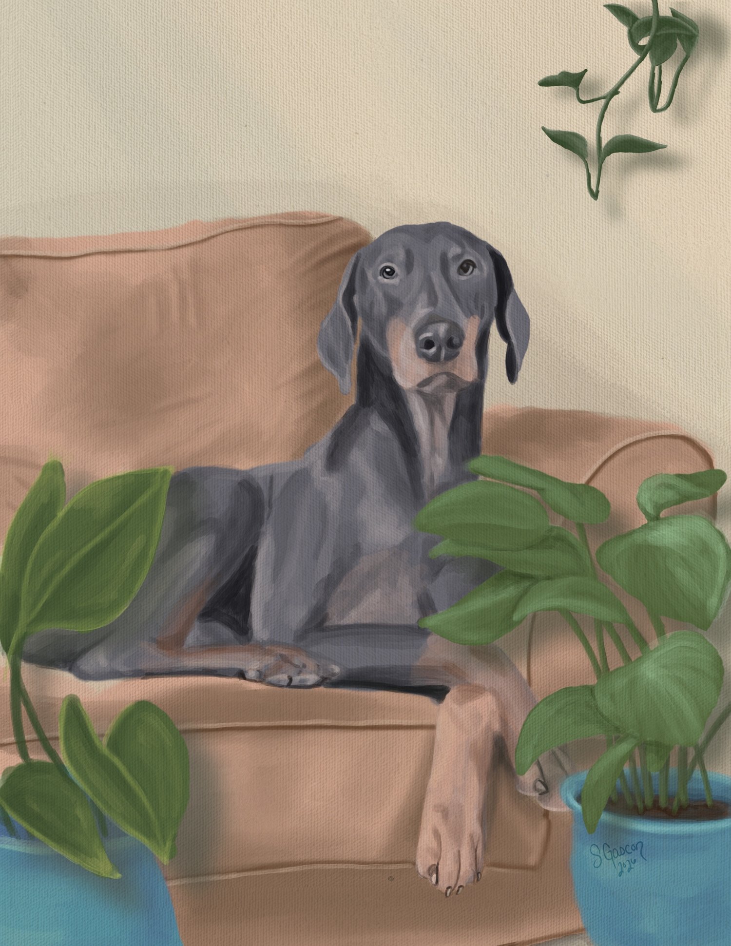 Doberman on a sofa with plants painting