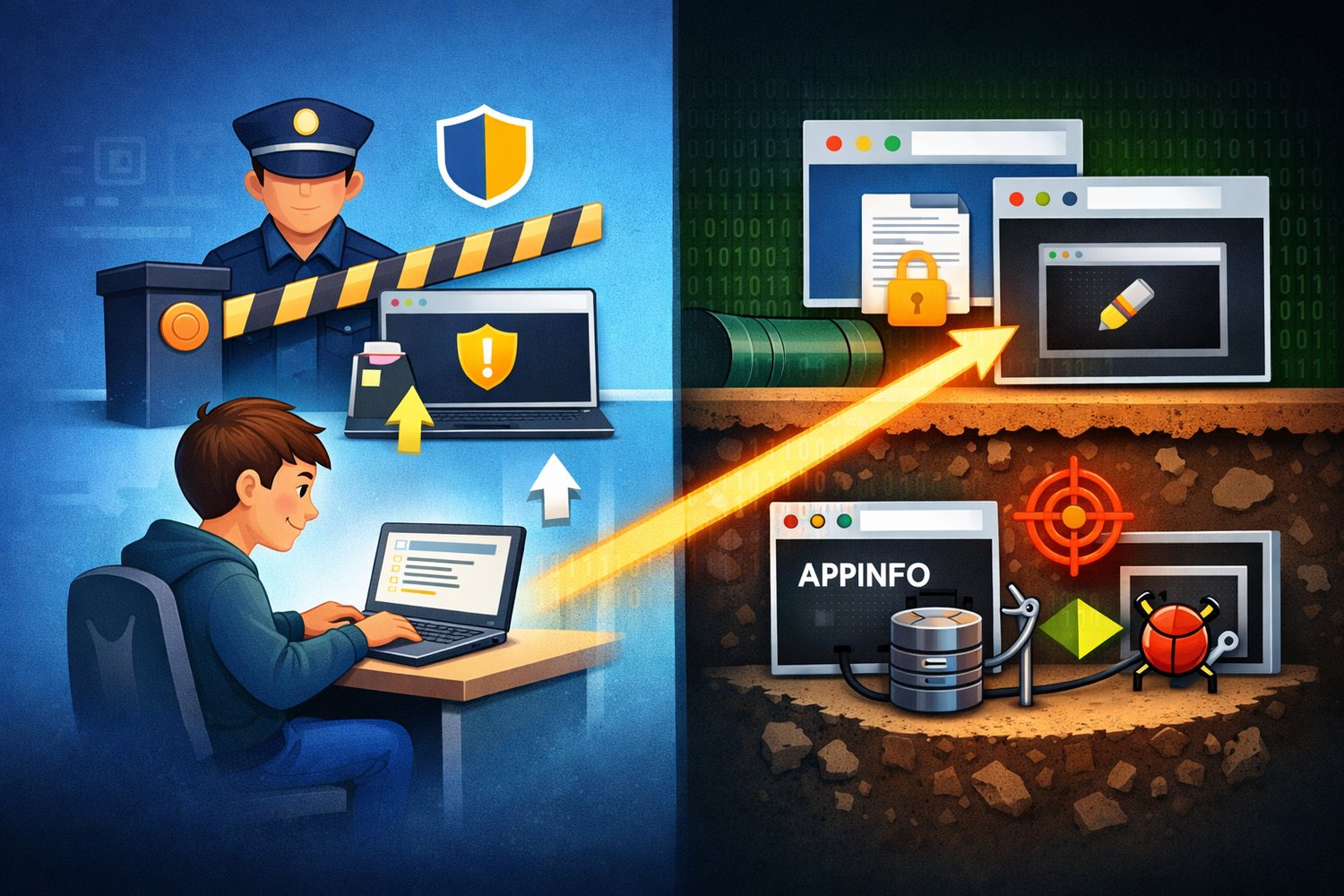 Educational illustration showing a student launching a program with UAC elevation on the left, and a conceptual bypass using APPINFO service and RPC interface on the right. Visual elements include a security guard, UAC prompt, elevated notepad, hidden ser