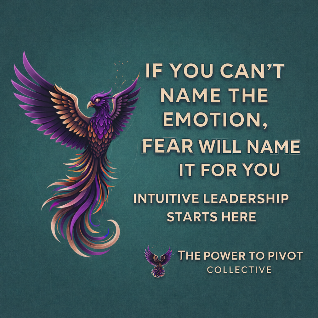 Article graphic for The Power to Pivot Collective featuring a teal background, a purple-and-gold phoenix with wings spread wide on the left, and bold cream text on the right reading, “If you can’t name the emotion, fear will name it for you. Intuitive lea