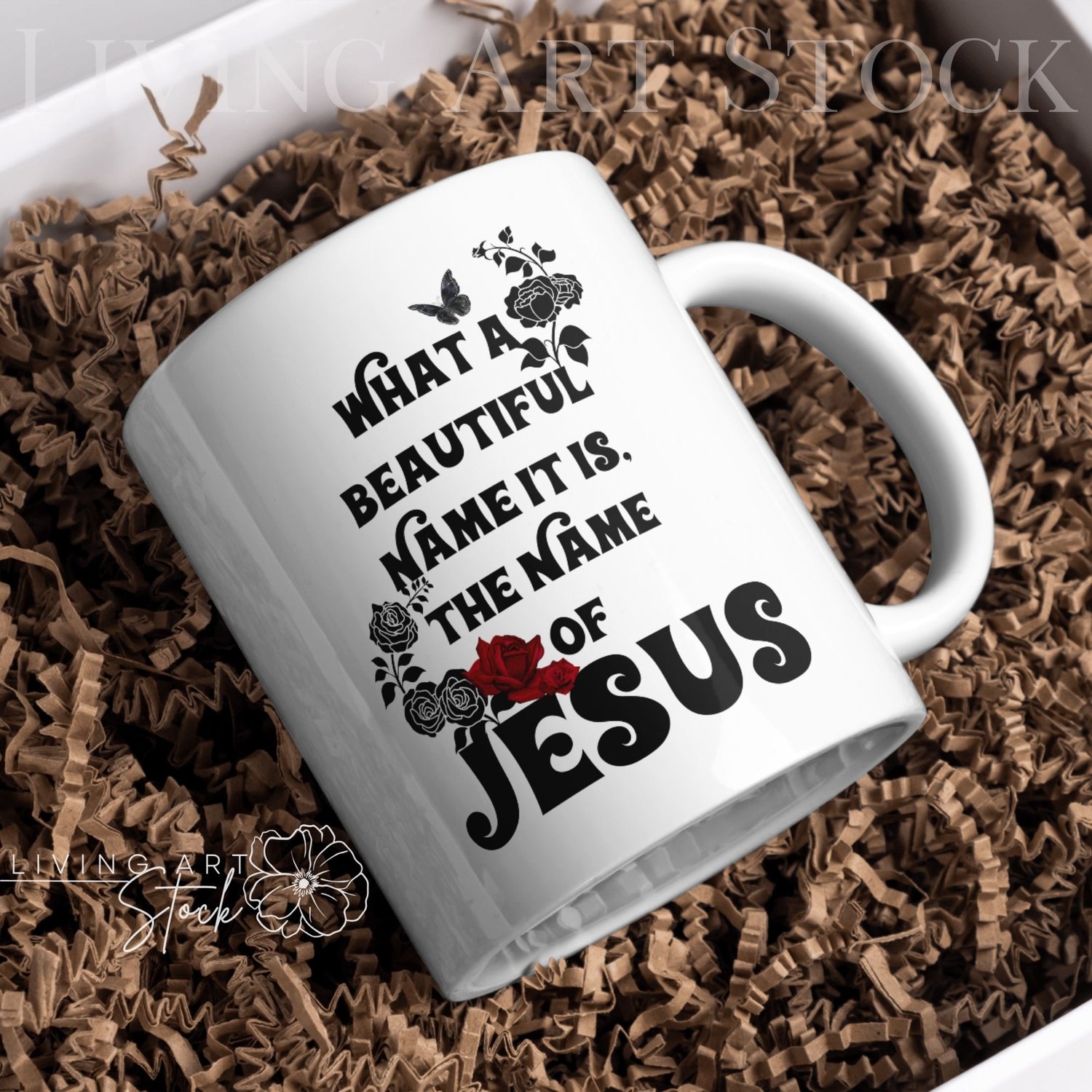 Black stylized text quote "What a Beautiful Name It Is, The Name of Jesus" on a white background, featuring red and black rose illustrations and a black butterfly.