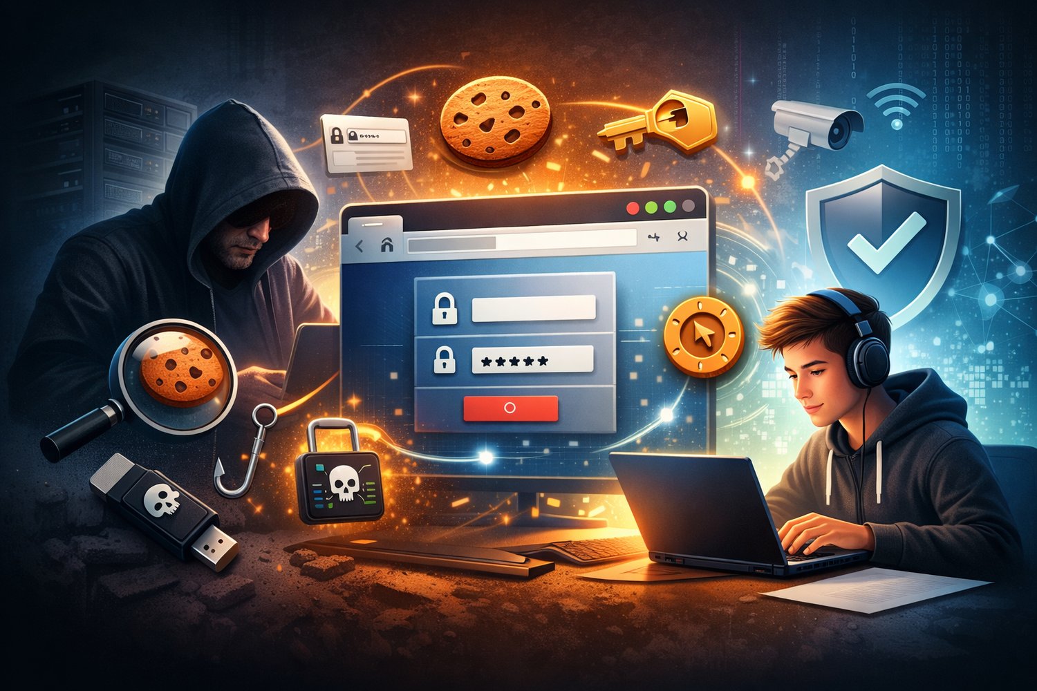 Cybersecurity student learning browser penetration testing while a hacker attempts session hijacking using browser cookies and tokens.