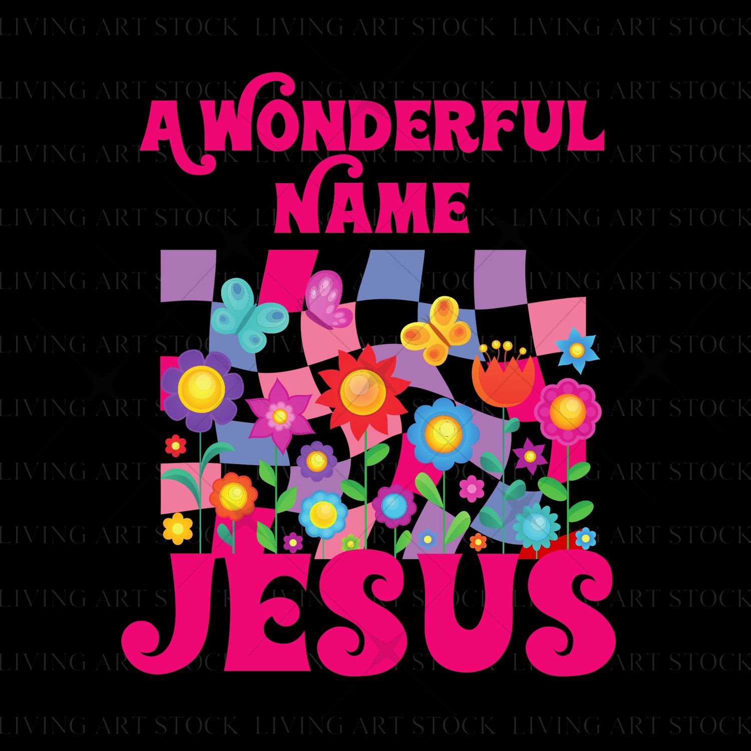 Pink retro font text reading "A WONDERFUL NAME" and "JESUS" framing a central illustration of colorful butterflies, flowers, and a purple checkered pattern on a white background.
