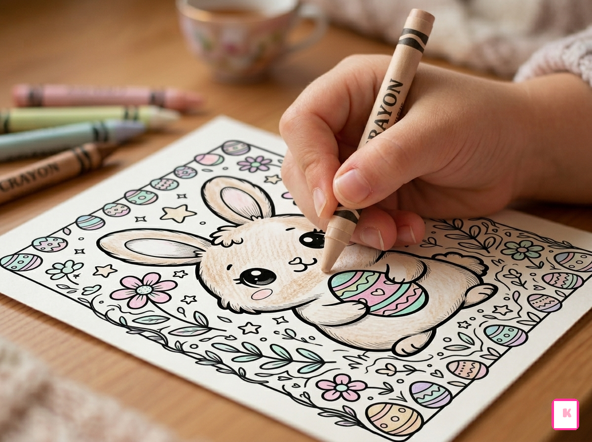 Niño coloreando la pagina de colorear del conejo, con crayón café bajito y otros colores pastel para las flores y otros para decorar el huevo de pascua. Se ve la mano del niño, escena relajante cozy