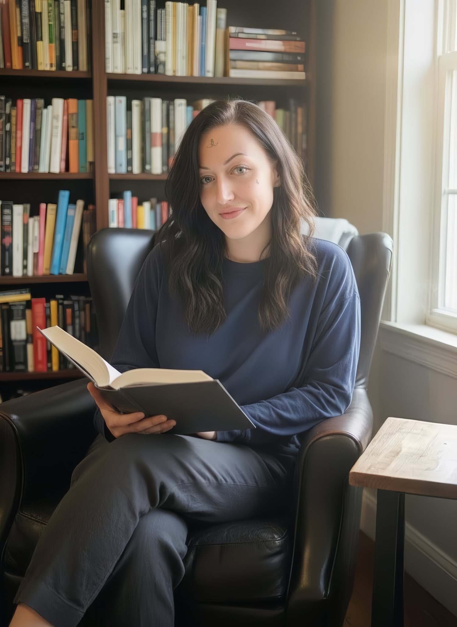 Samantha reading and thinking at a desk with papers scattered all over