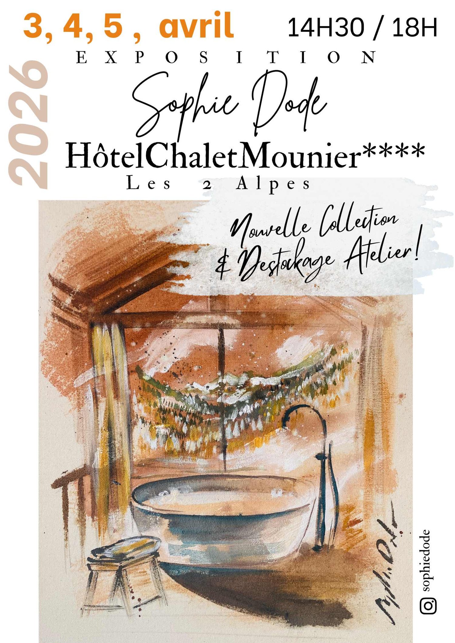 Exposition d'art, inspirée montagne, chalets, neige, contemplation, dans un bel hôtel de la station des Deux Alpes.
