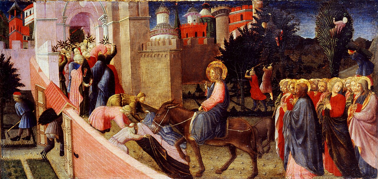 Jesus rides a donkey up to the gate of a renaissance-style city representing Jerusalem. Painted c.1435-40 by by Pietro di Giovanni d'Ambrogio, Public domain, via Wikimedia Commons