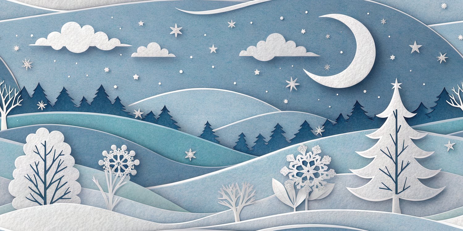 Winter Night Seamless Pattern Paper Cut Landscape with Snow Trees Moon and Stars Blue Holiday Background