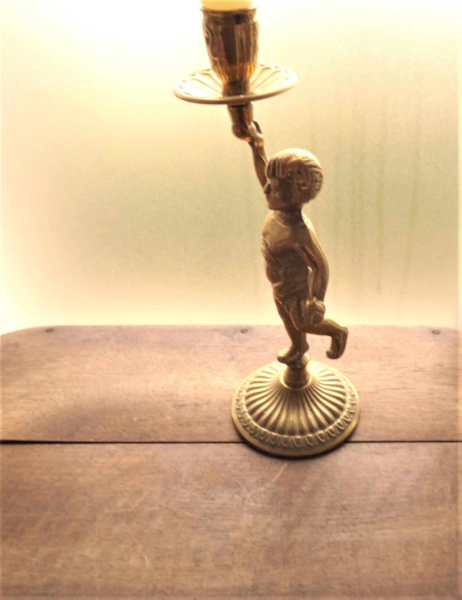 Authentic solid Brass Cherub candle holder. french Art Nouveau style, Angel candlestick, lovely detailed and a great patina.