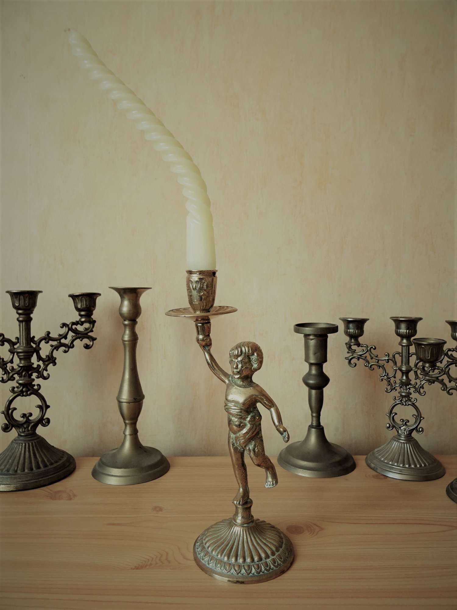 set of  antique Brass candle holders, Cherub candlestick with original bowed wax candle