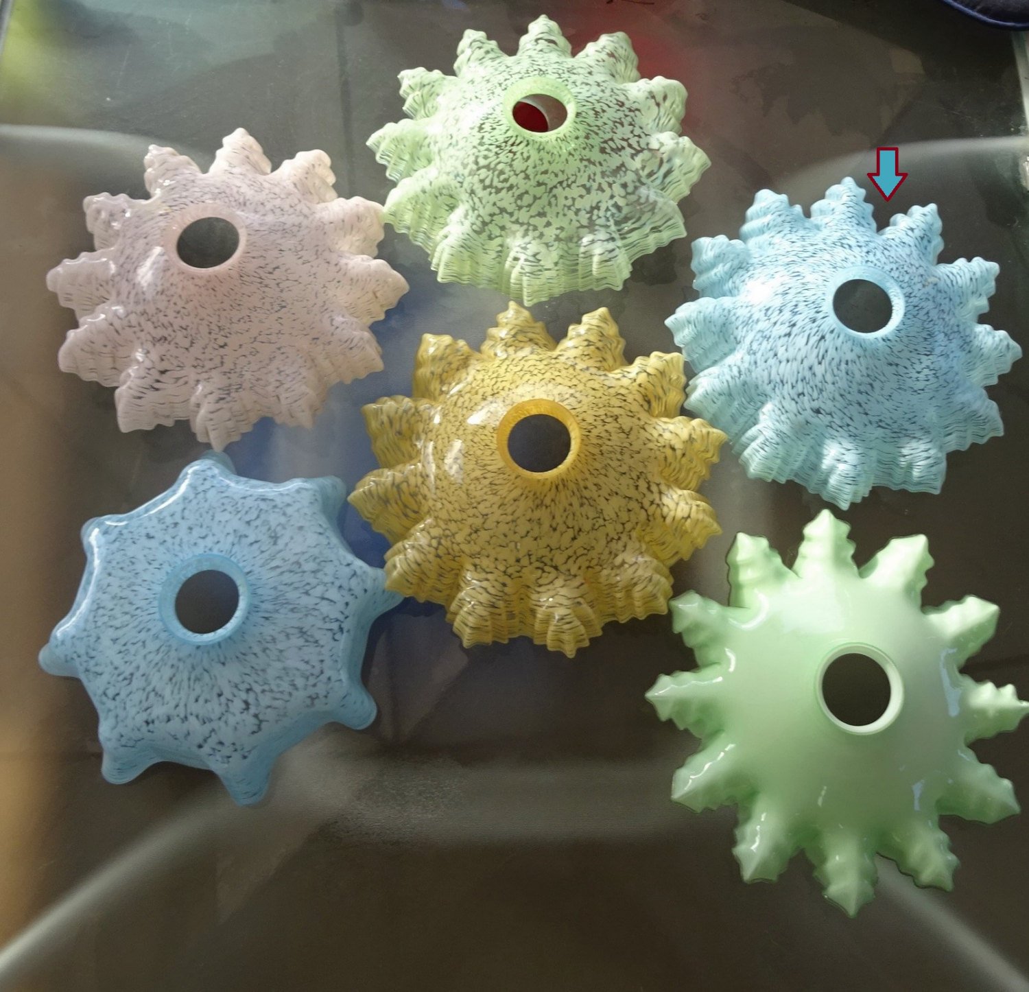 set of Opaline Frilly Clichy Glass Lampshades, pendant light shade, in speckled milk glass multicolored ceiling shades