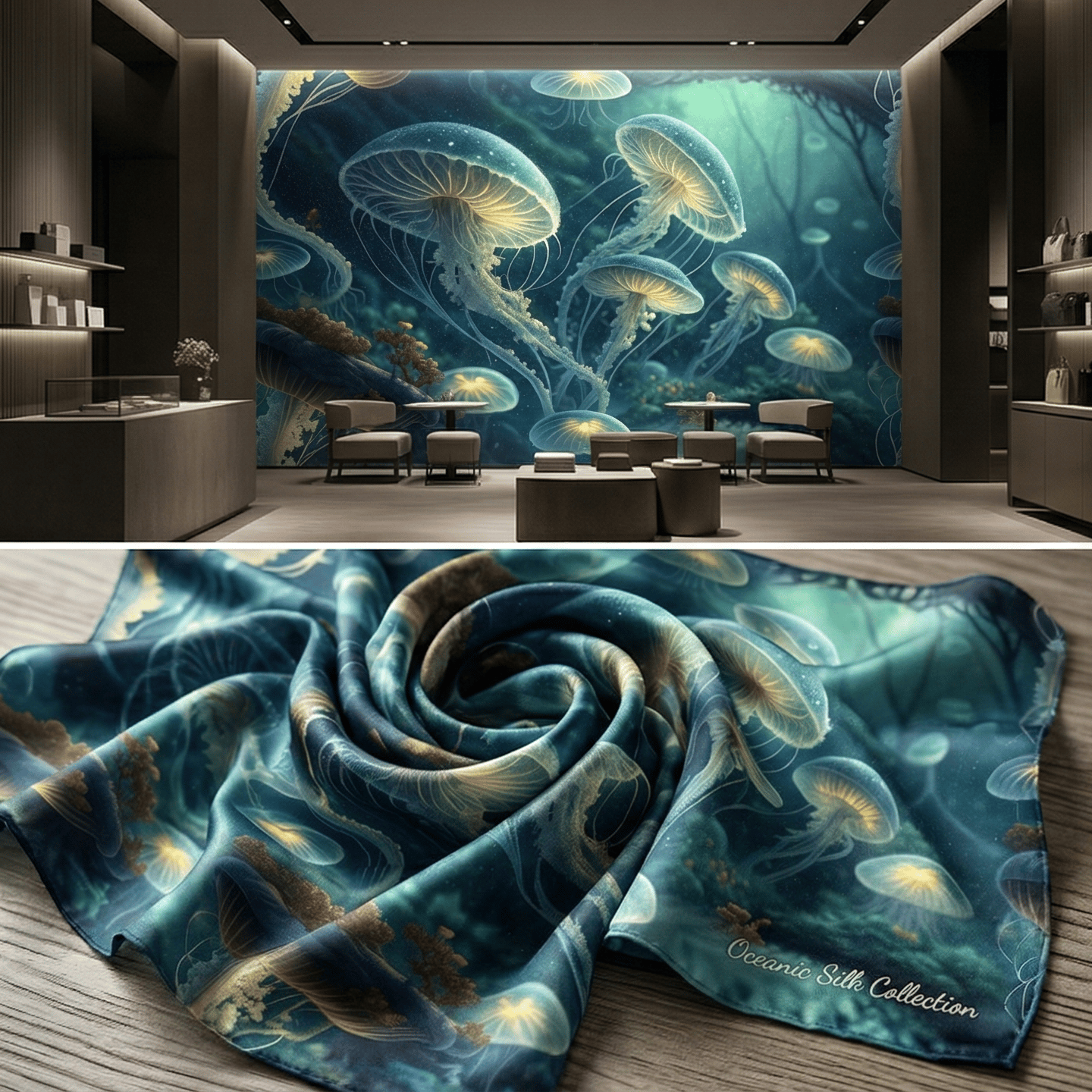 Bioluminescent Jellyfish Seamless Pattern Underwater Fantasy Ocean Glow Background Marine Illustration