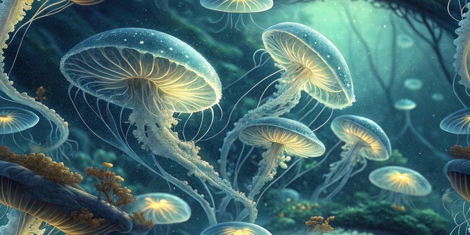 Bioluminescent Jellyfish Seamless Pattern Underwater Fantasy Ocean Glow Background Marine Illustration