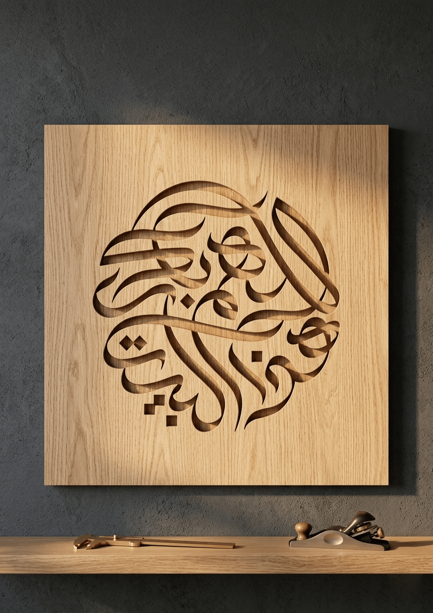 Intricate circular Arabic calligraphy laser-engraved into a square oak wood panel. A minimalist wall decor mockup featuring woodworking tools, including a hand plane and calipers, on a wooden shelf against a dark, textured charcoal wall.