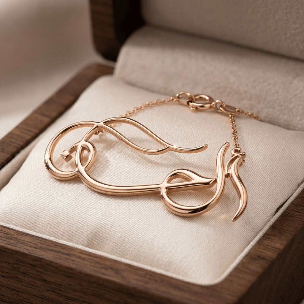 Luxury rose gold Arabic name necklace displayed inside a premium walnut jewelry box. The custom-engraved script pendant rests on a cream velvet cushion, highlighting a high-end jewelry branding mockup.