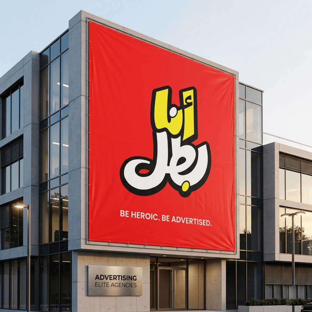 Large-scale outdoor building banner mockup for an advertising agency. The high-contrast red banner features bold yellow and white Arabic typography with the English slogan "BE HEROIC. BE ADVERTISED." on a modern architectural glass facade.