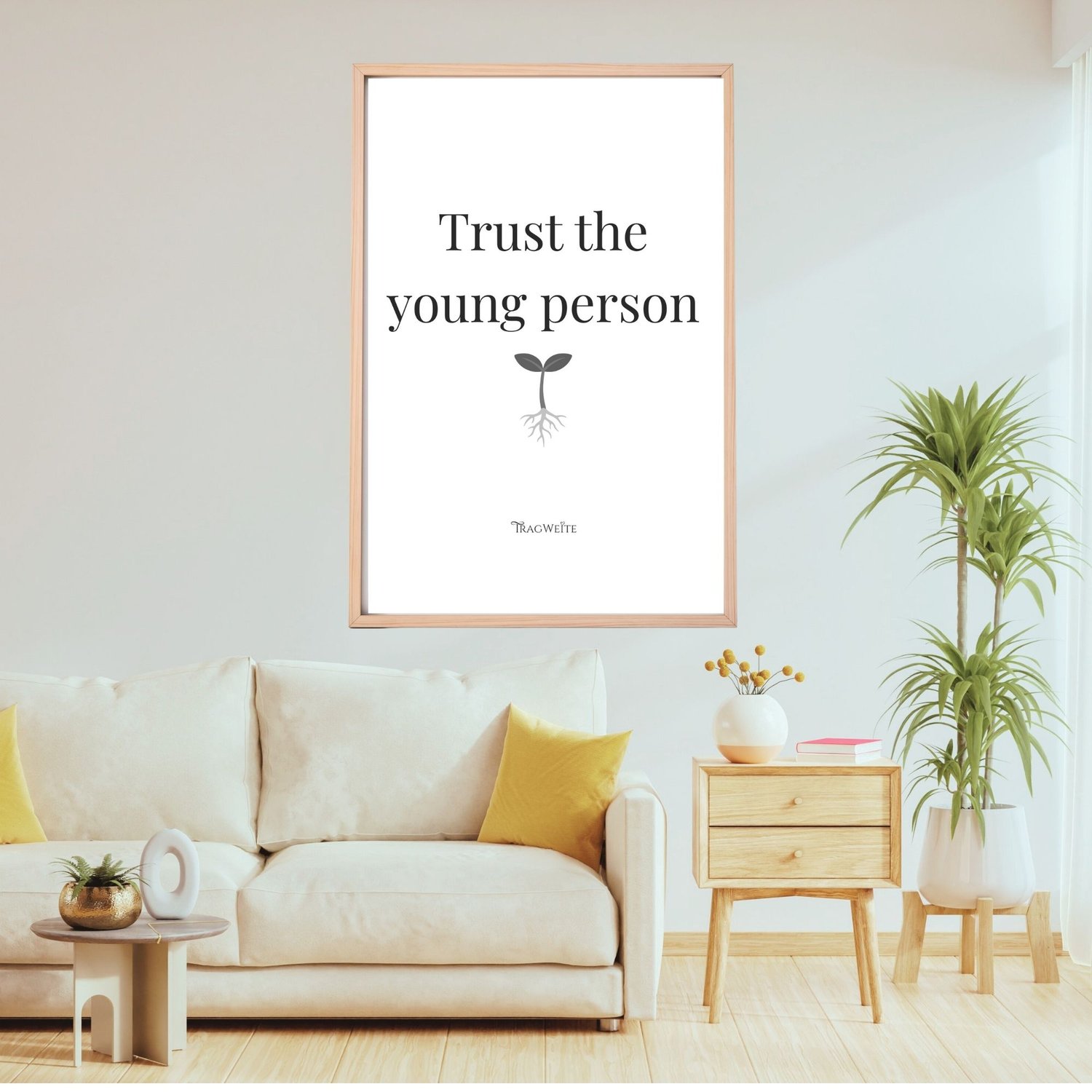 Poster "Trust the Young Person" black and white in living room – ink-saving printable for conscious parents