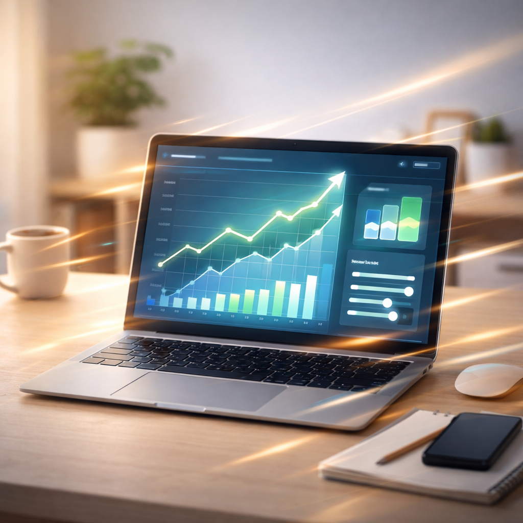 A digital dashboard showing sales growth and pricing strategy icons.