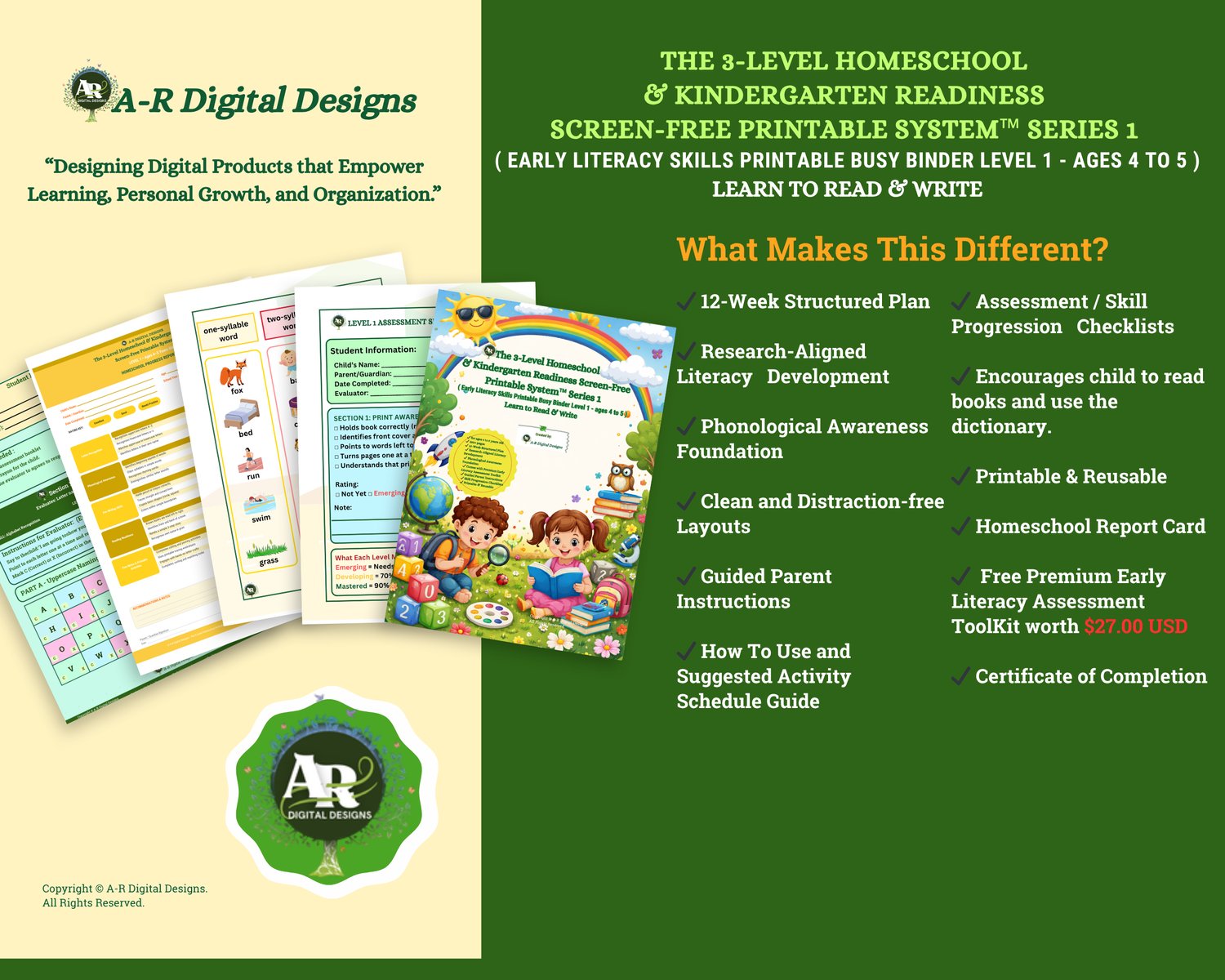 The 3-Level Homeschool & Kindergarten Readiness Screen-Free Printable System™ Series 1 ( Early Literacy Skills Printable Busy Binder Level 1 - ages 4 to 5 ) Learn to Read & Write