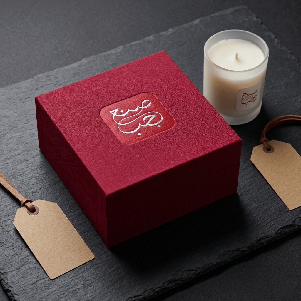 Sophisticated product packaging mockup featuring a deep red linen-textured gift box with a silver "Made with Love" Arabic seal. Accompanied by a minimalist white candle and kraft paper tags on a dark slate surface.