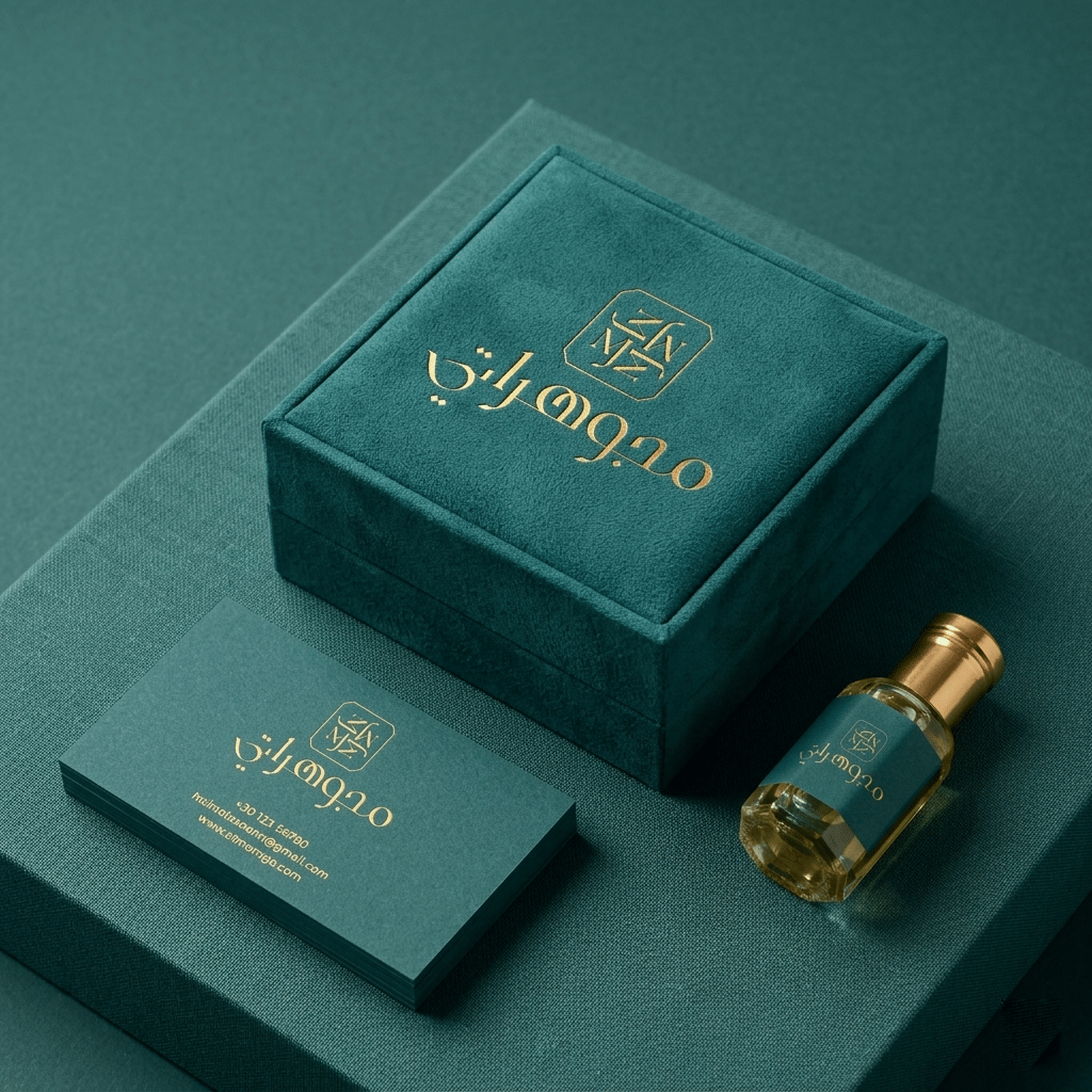 Luxury brand identity mockup featuring a teal velvet jewelry box, matching business card, and a gold-capped perfume bottle. All items display elegant gold-foiled Arabic calligraphy and a professional square logo for startup branding.