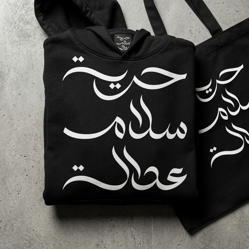 Urban streetwear merchandise mockup showcasing a folded black hoodie and a matching tote bag. Features bold white Arabic typography translating to "Freedom, Peace, Justice" (Hurriya, Salam, 'Adala) against a raw concrete background.