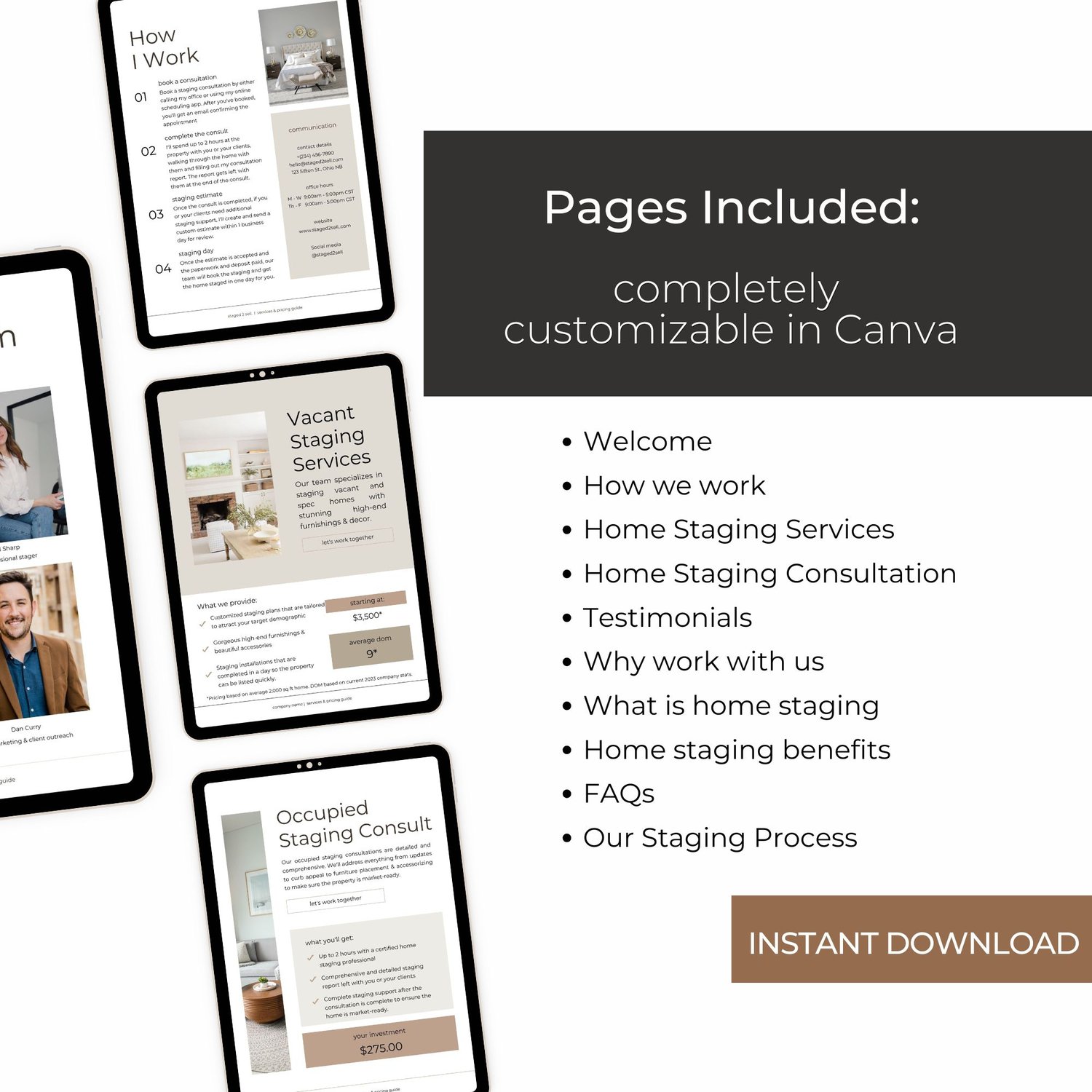 Pages included in home staging services guide template showing how I work, vacant staging services, occupied staging consult, and instant download badge