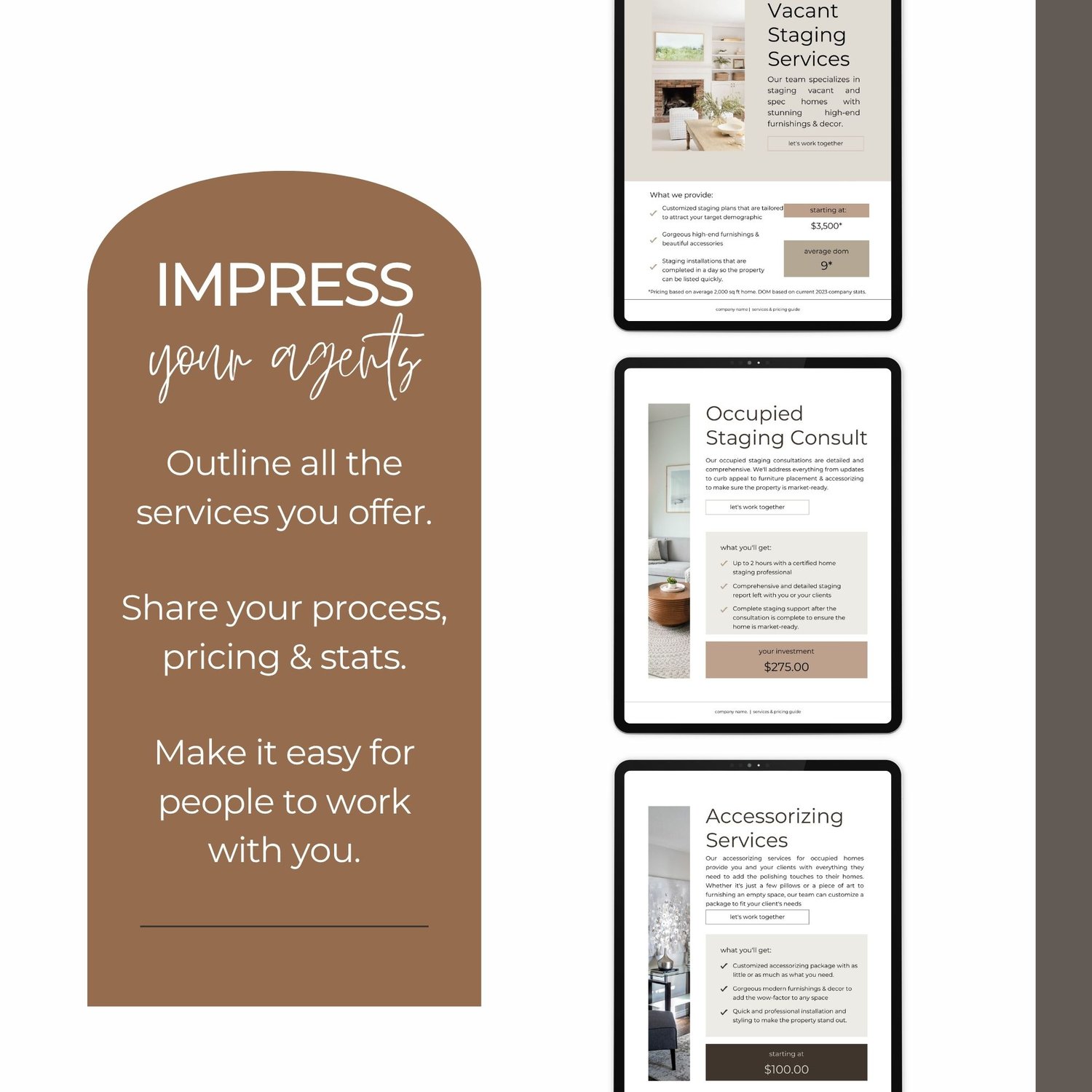 Home staging marketing template showing vacant staging services, occupied staging consult, and accessorizing services pages designed to impress realtor partners